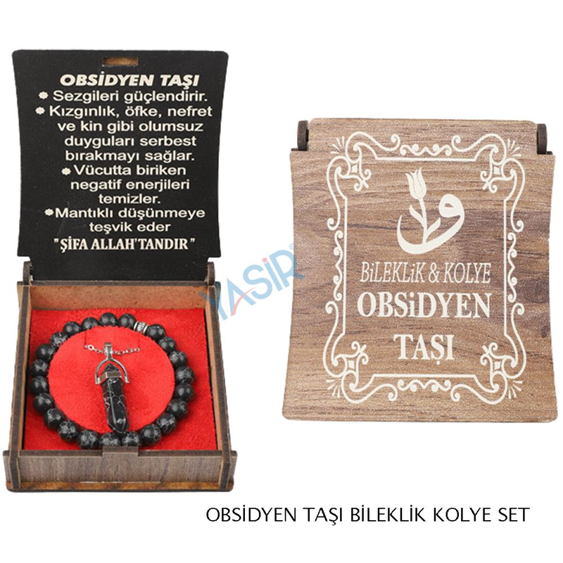 KUTULU KOLYE BİLEKLİK SETİ OBSİDYEN TAŞI