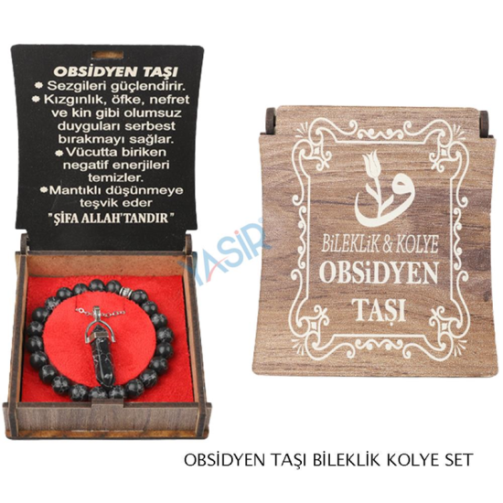 KUTULU KOLYE BİLEKLİK SETİ OBSİDYEN TAŞI